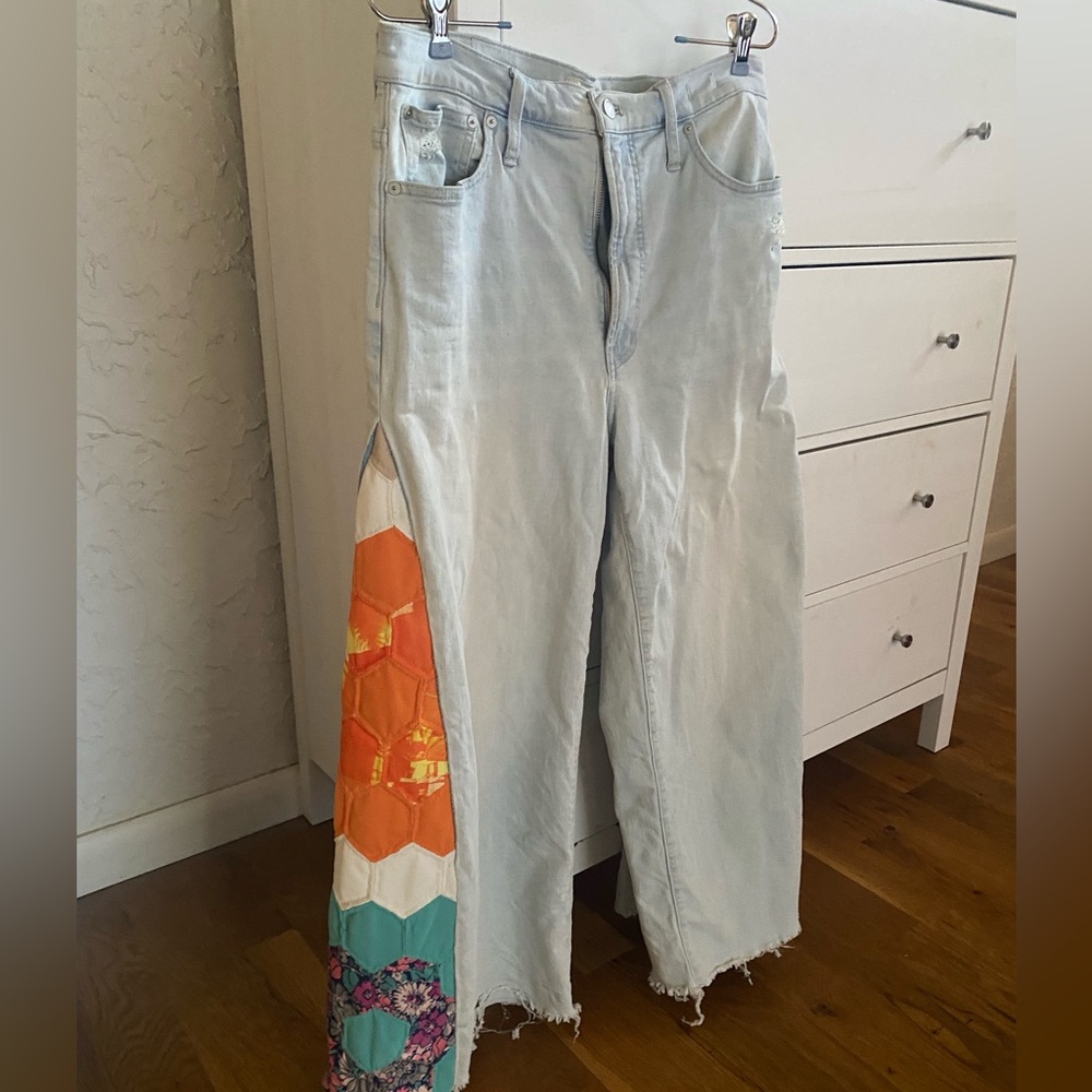 Madewell perfect vintage wide leg crop jeans w/ vintage quilt pieces to sides 30